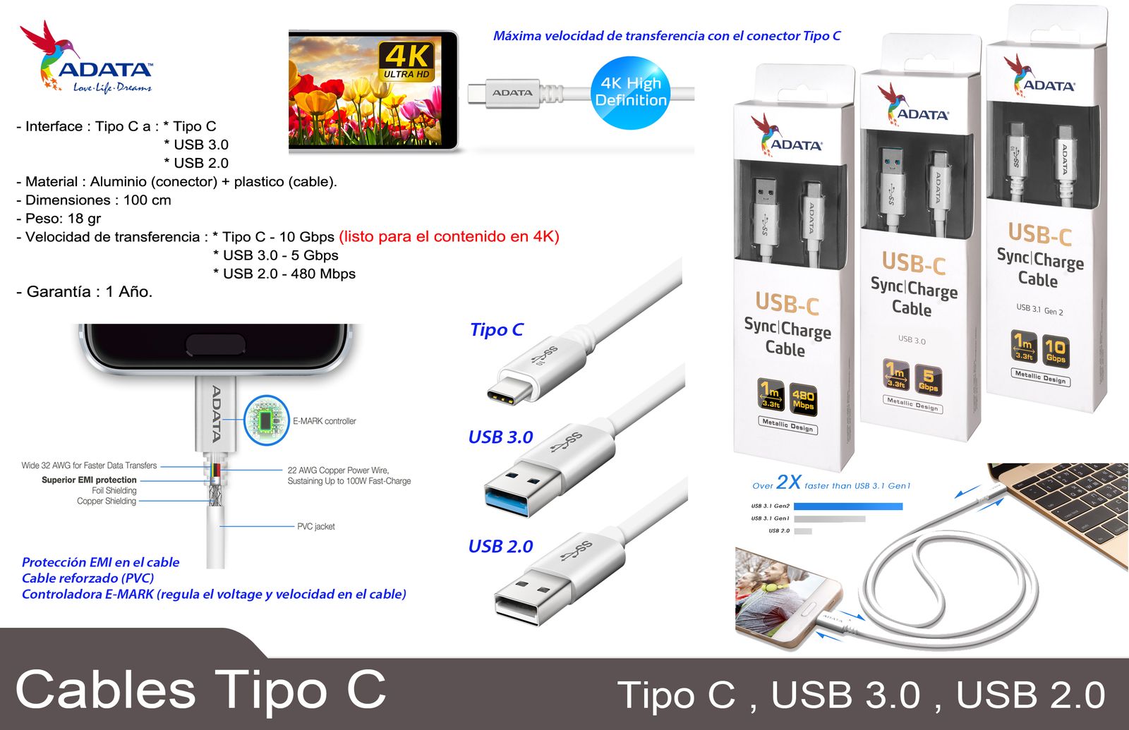 Cable Adata Tipo C- Usb 3.1 1m Blanco (aca3al-100cm-csv), Adata